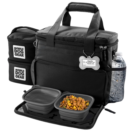 Week Away® Tote Bag,"Black pet travel tote with food containers, bowls, and bottle pocket"