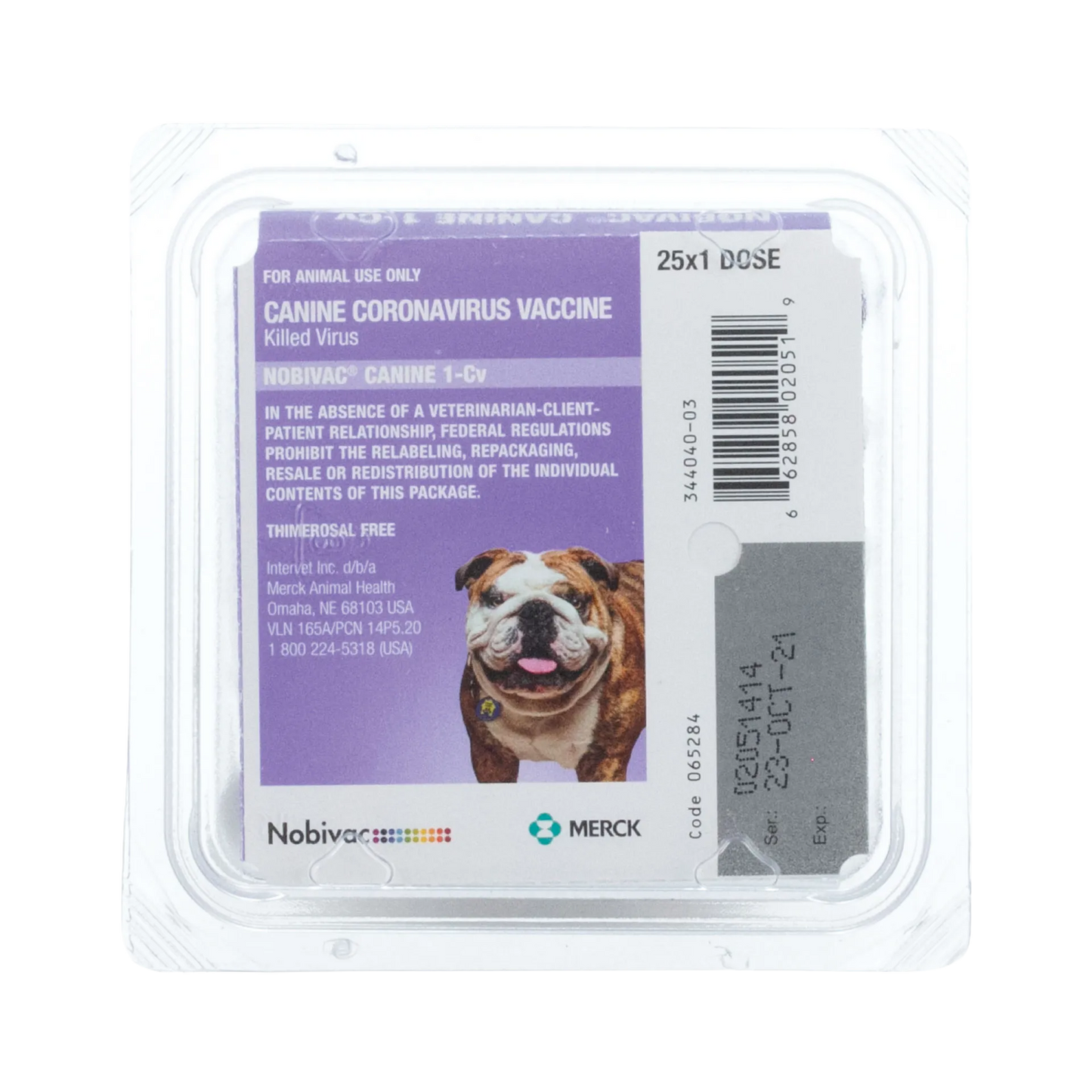 Nobivac® Canine 1-CV,"Clear plastic vaccine tray with purple label and dog image"