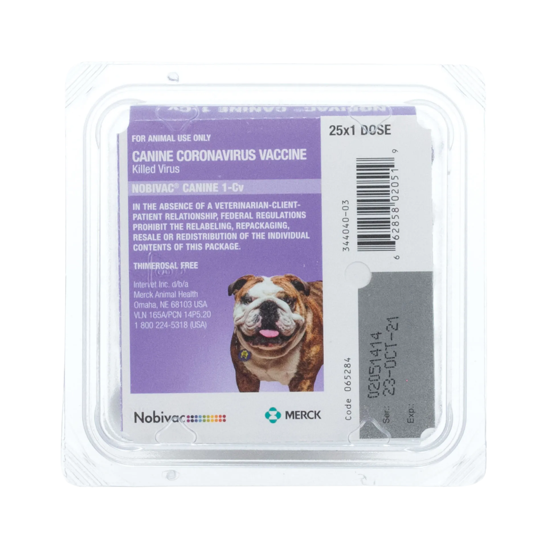 Nobivac® Canine 1-CV,"Clear plastic vaccine tray with purple label and dog image"