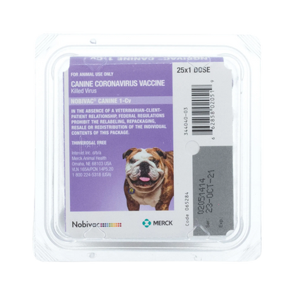 Nobivac® Canine 1-CV,"Clear plastic vaccine tray with purple label and dog image"