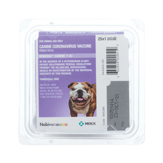 Nobivac® Canine 1-CV,"Clear plastic vaccine tray with purple label and dog image"