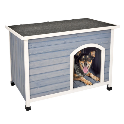 Eilio™ Folding Wood Dog Home,"Blue wooden dog house with black roof and dog inside"