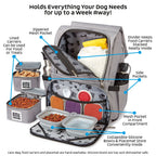 Ultimate Week Away Backpack,"Gray pet travel backpack with food containers, bowls and placemat"