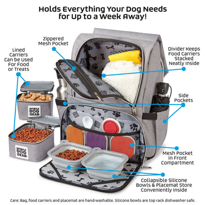 Ultimate Week Away Backpack,"Gray pet travel backpack with food containers, bowls and placemat"