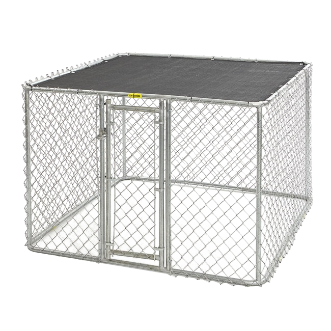 Chainlink Portable Kennel,"Chain link kennel with front gate and black cover"