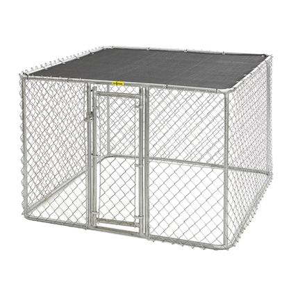 Chainlink Portable Kennel,"Chain link kennel with front gate and black cover"