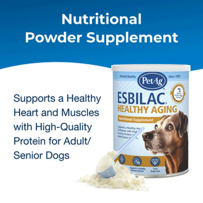 PetAg Esbilac Healthy Aging Powder for Adult and Senior Dogs,"Powder supplement canister with dog image and scoop of powder"