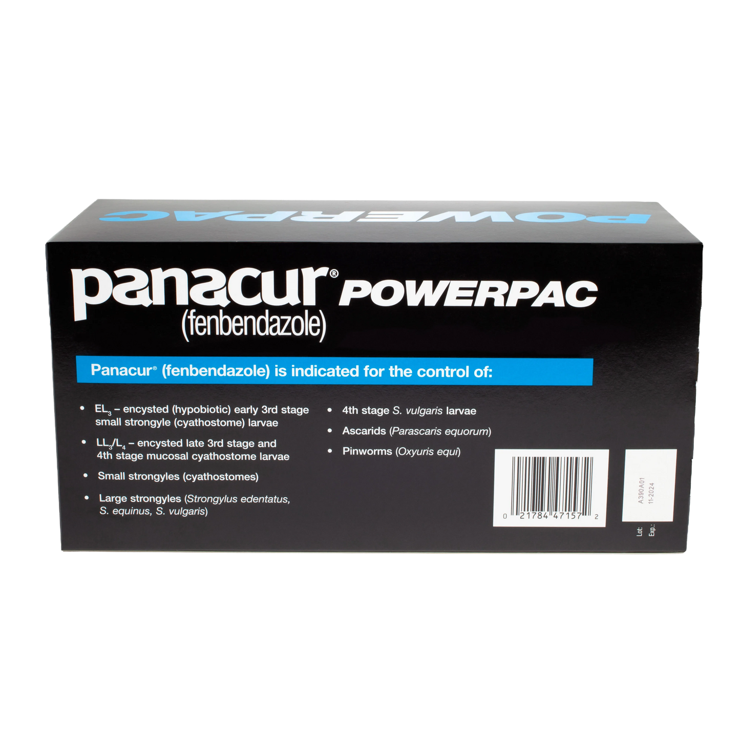 Panacur® PowerPac Paste Horse Dewormer,"Black product box with side panel and barcode"