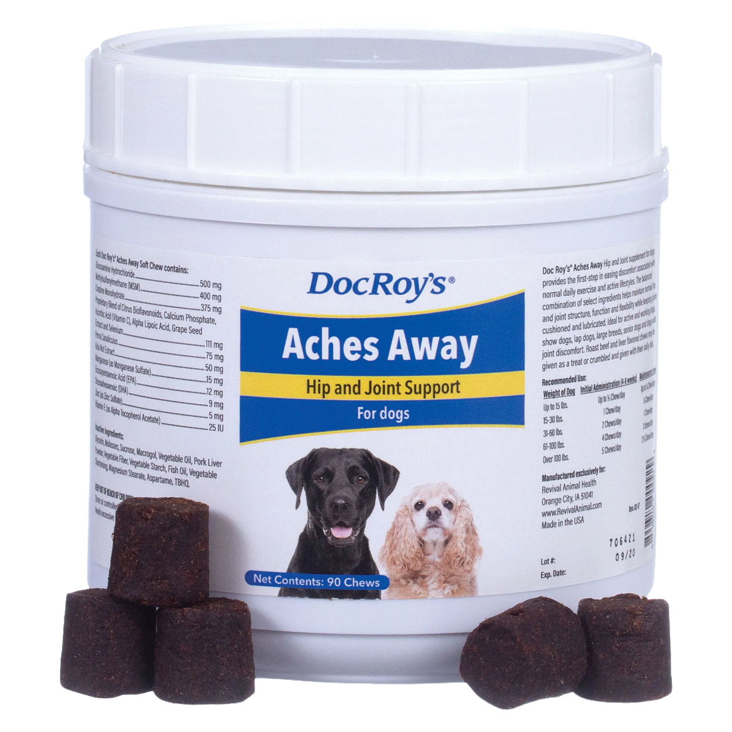 Doc Roy's® Aches Away™,"White plastic tub with dog supplement chews in front"