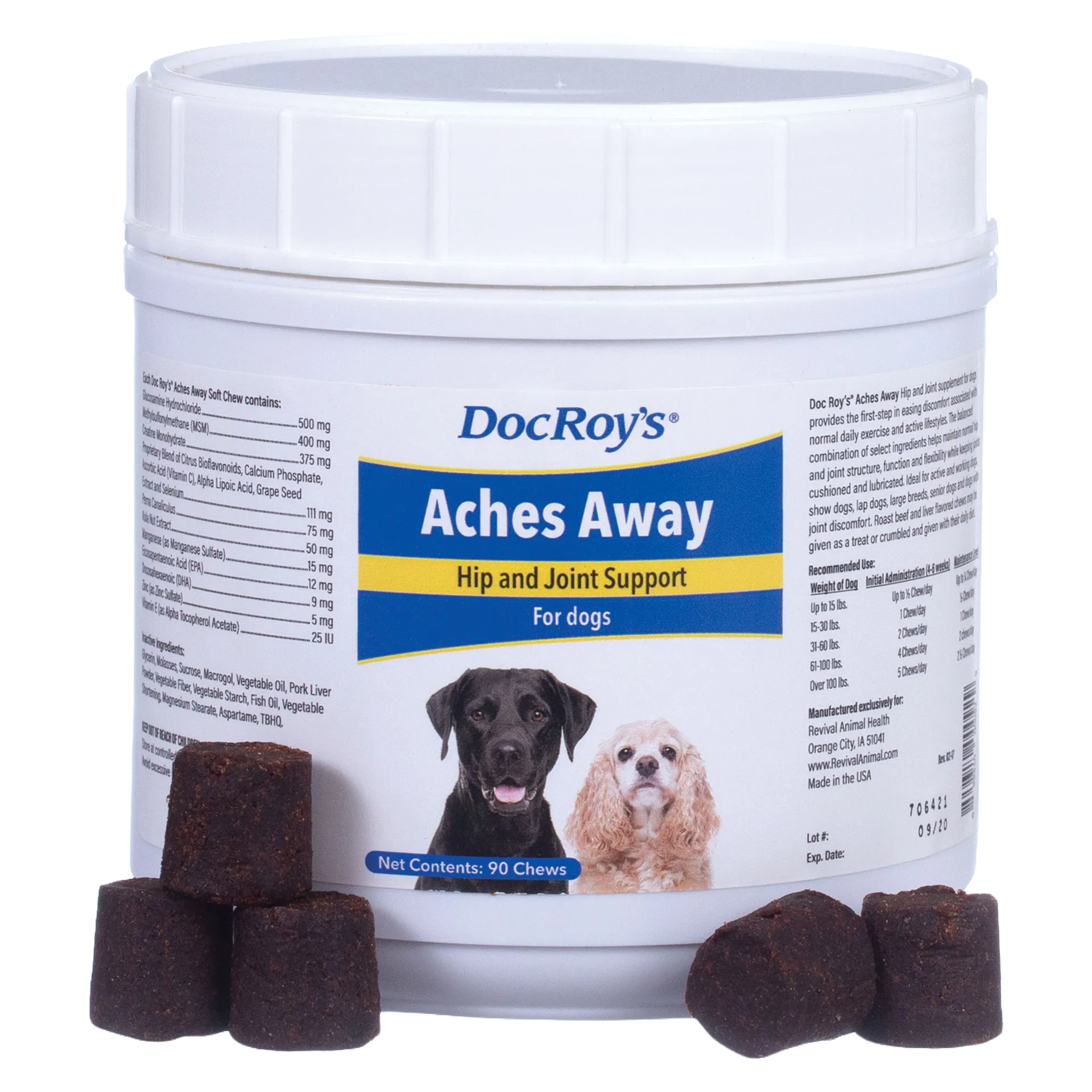 Doc Roy's® Aches Away™,"White plastic tub with dog supplement chews in front"