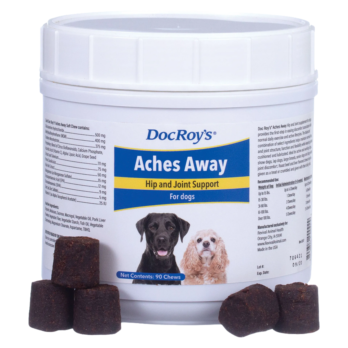 Doc Roy's® Aches Away™,"White plastic tub with dog supplement chews in front"