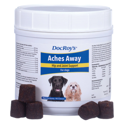 Doc Roy's® Aches Away™,"White plastic tub with dog supplement chews in front"