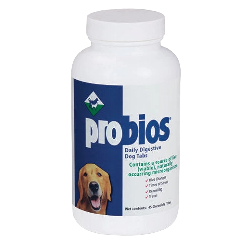 Probios® for Dogs, Horses, and Other Animals,"White supplement bottle with dog image on label"