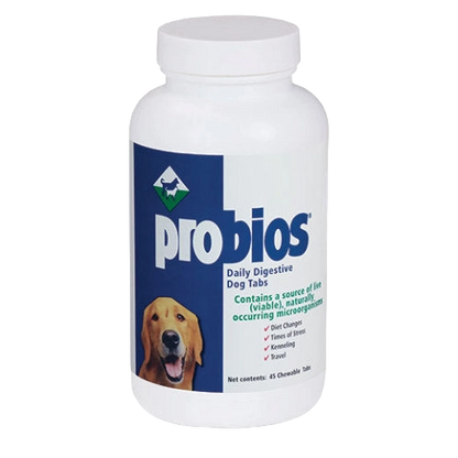 Probios® for Dogs, Horses, and Other Animals,"White supplement bottle with dog image on label"