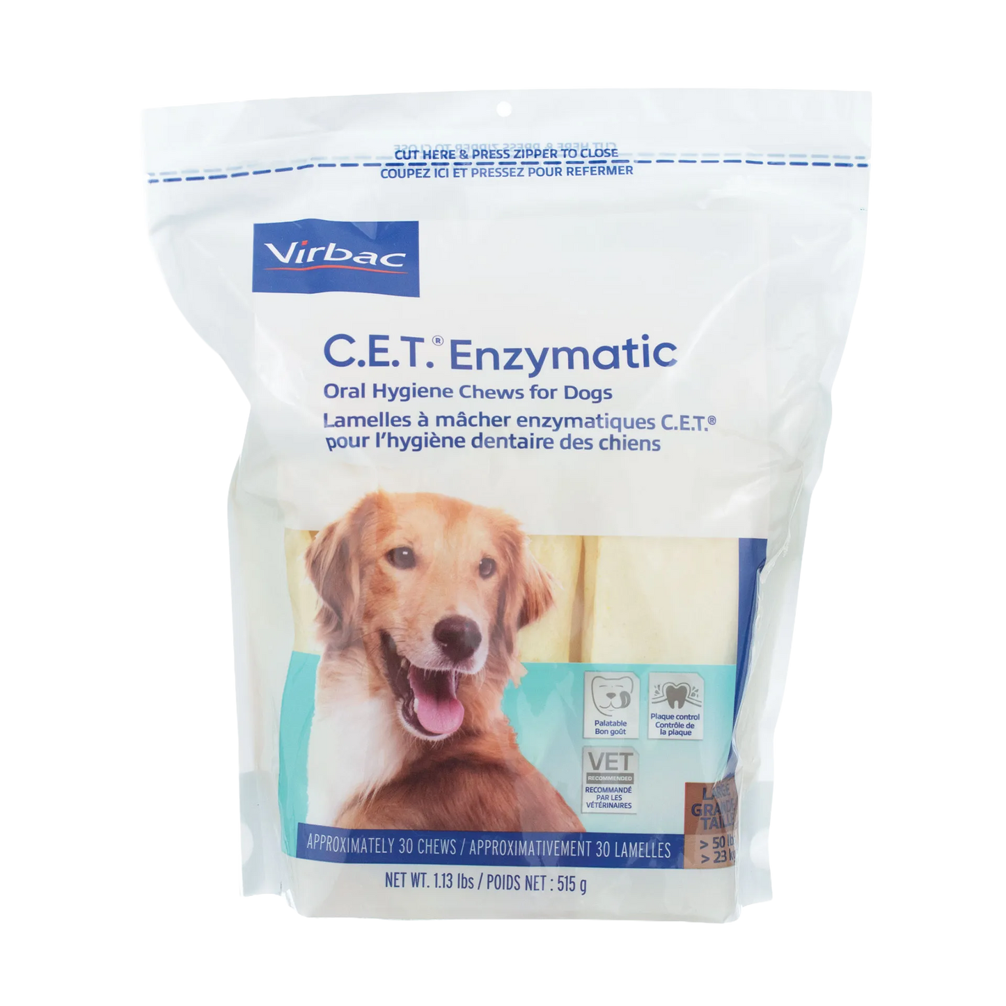 C.E.T.® Enzymatic Oral Hygiene Chews for Dogs,"Resealable dog chew bag with golden retriever image"