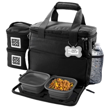 Week Away® Tote Bag,"Black pet travel tote with two collapsible bowls and side containers"