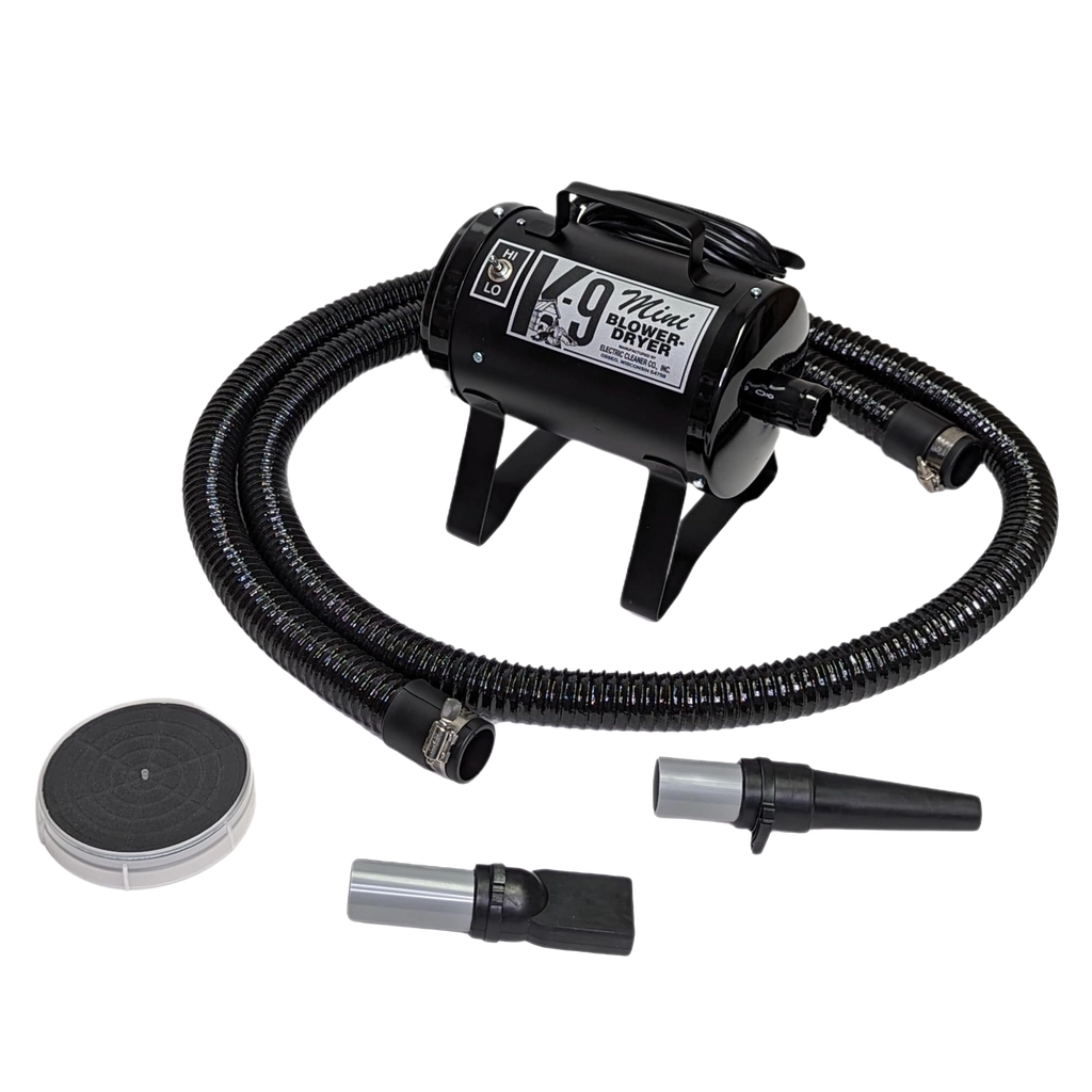 Mini K-9 Dog Dryer,"Black dog dryer with flexible hose and three attachments"