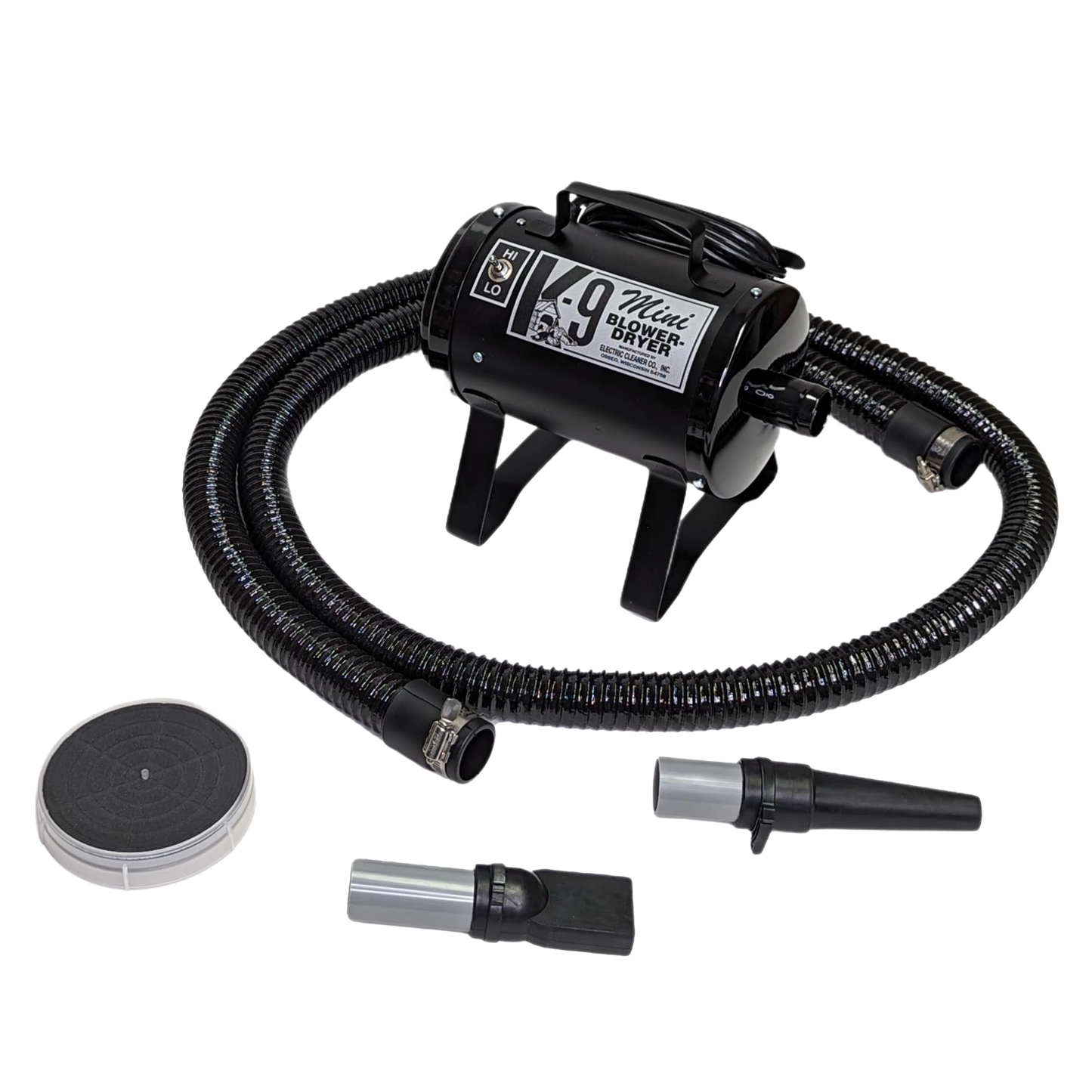 Mini K-9 Dog Dryer,"Black dog dryer with flexible hose and three attachments"