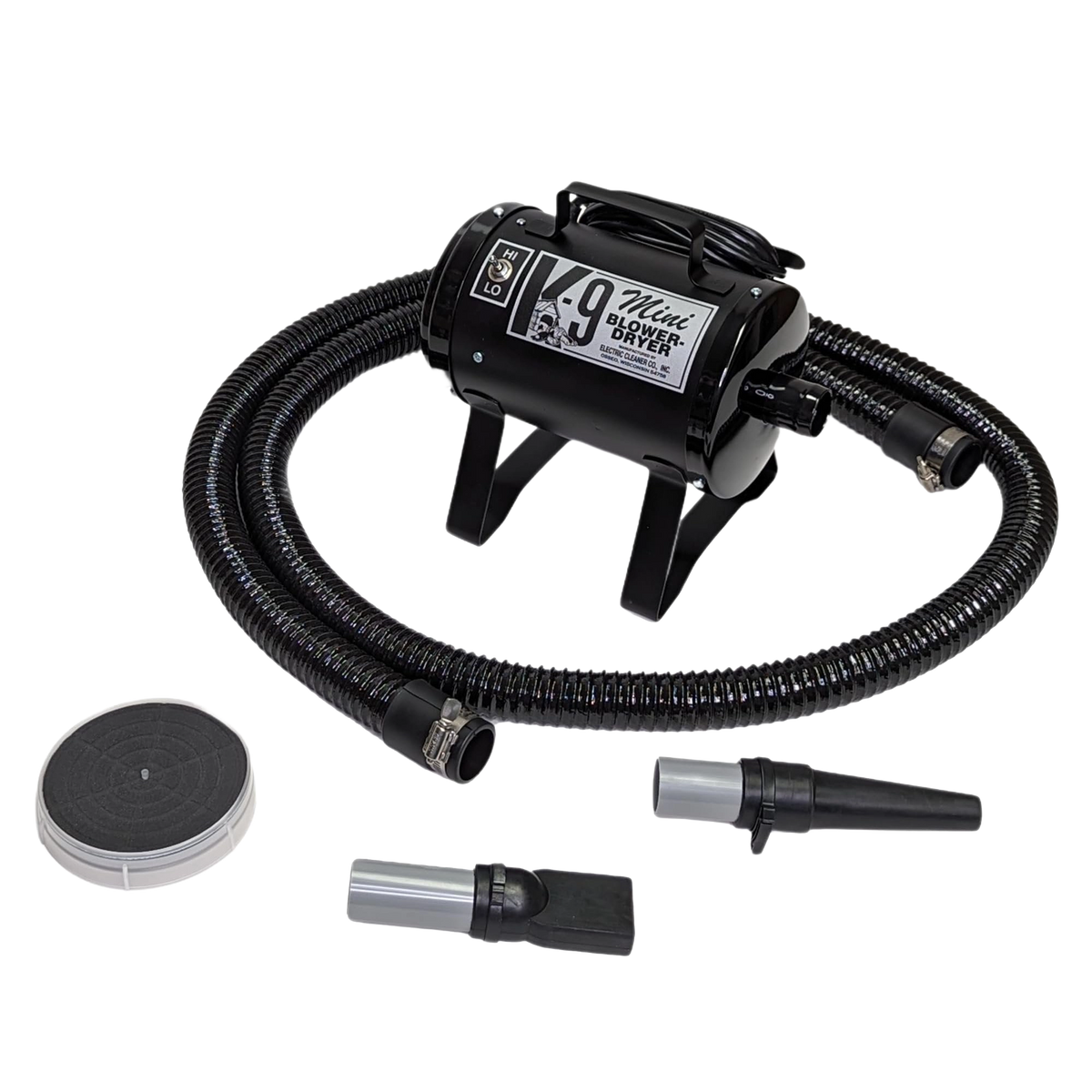 Mini K-9 Dog Dryer,"Black dog dryer with flexible hose and three attachments"