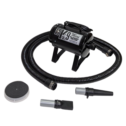 Mini K-9 Dog Dryer,"Black dog dryer with flexible hose and three attachments"