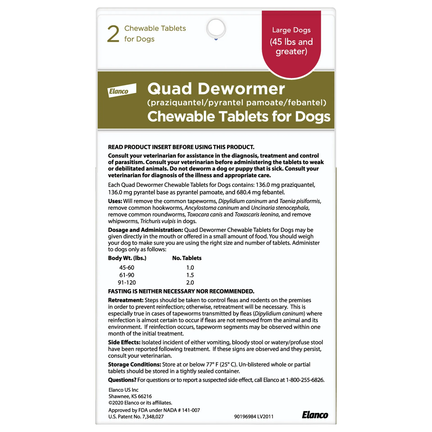 Quad Dewormer,"Back of package with dosage and administration information"
