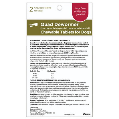 Quad Dewormer,"Back of package with dosage and administration information"