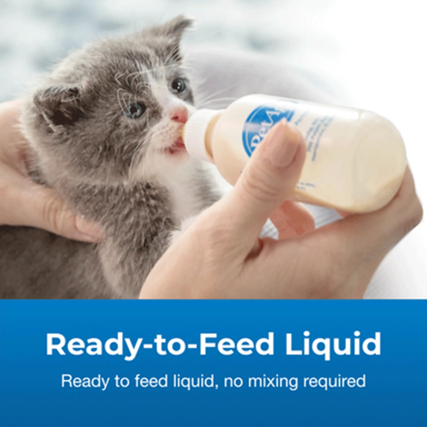 PetAg Goats Milk KMR Liquid Kitten Milk Replacer Ready-to-Feed Formula,"Gray kitten being bottle fed with small milk bottle"