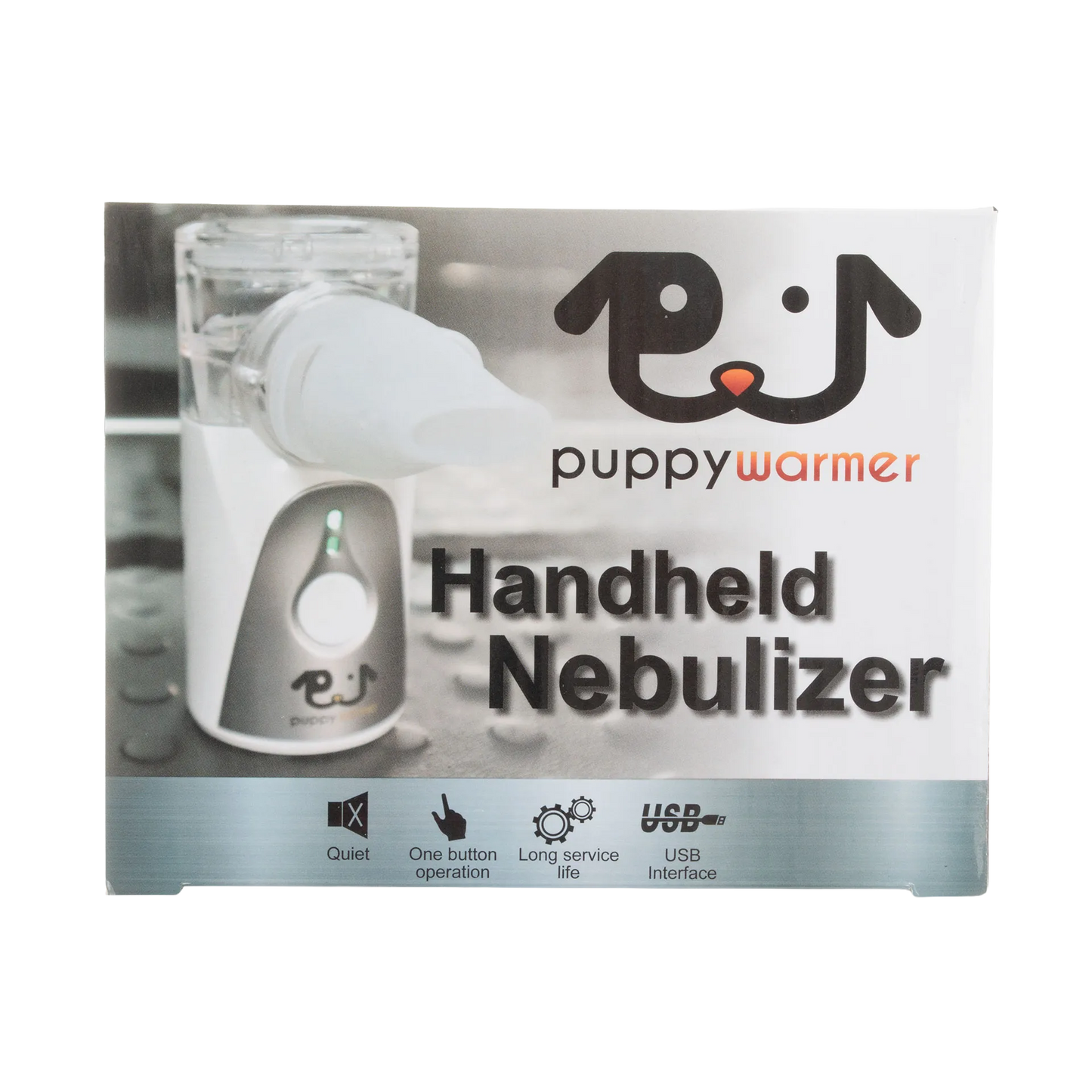 Puppywarmer Handheld Nebulizer,"Handheld nebulizer box with clear mask attachment"