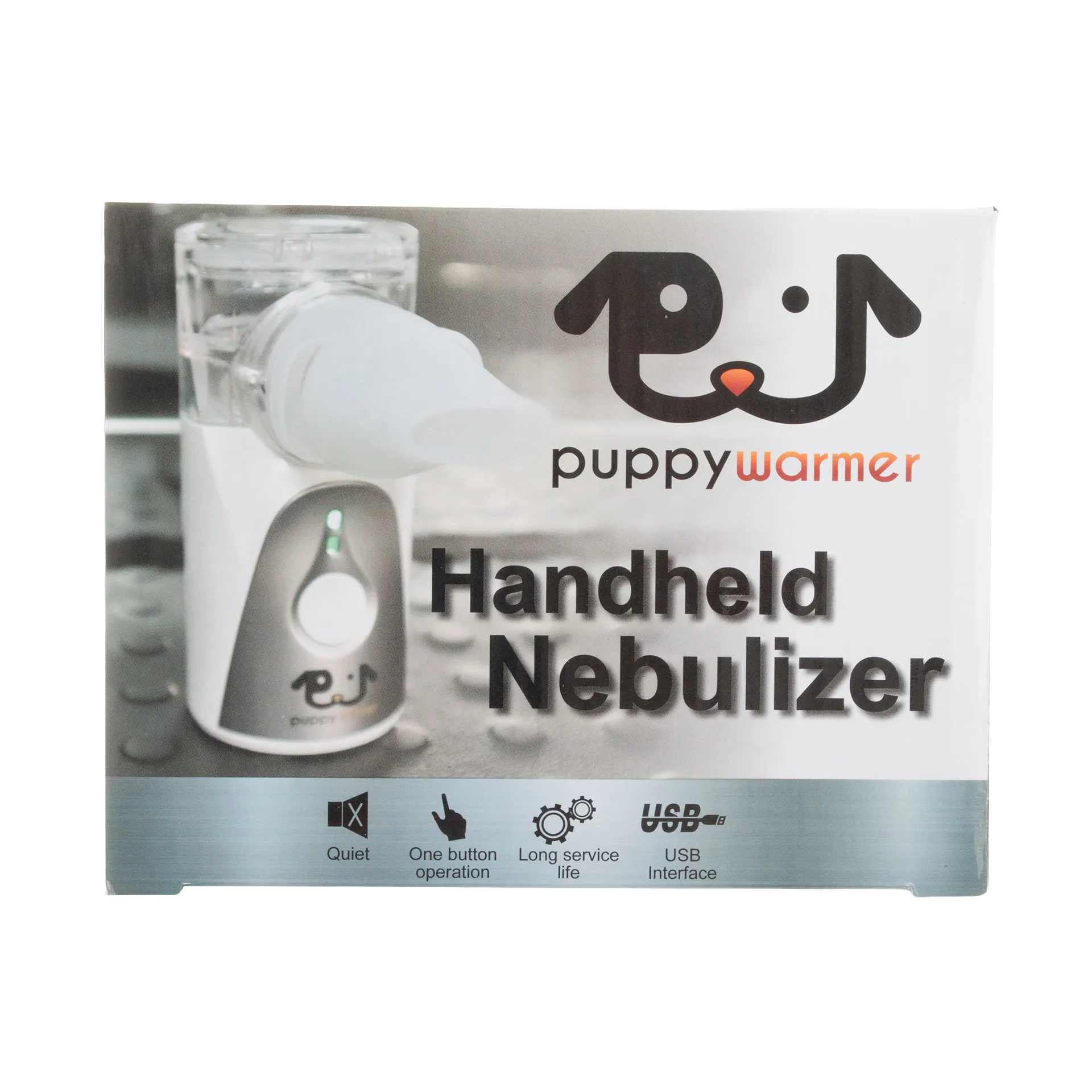 Puppywarmer Handheld Nebulizer,"Handheld nebulizer box with clear mask attachment"