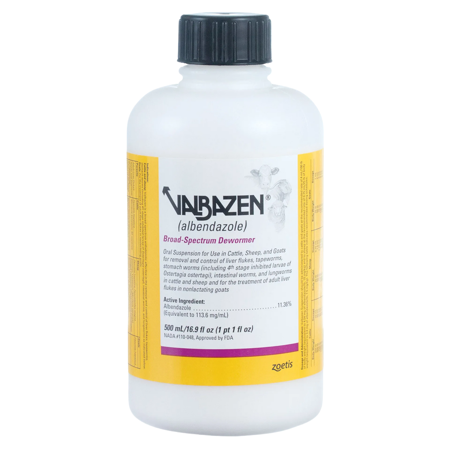 Valbazen® for Goats, Sheep, & Cattle,"White bottle with black cap and yellow wraparound label"