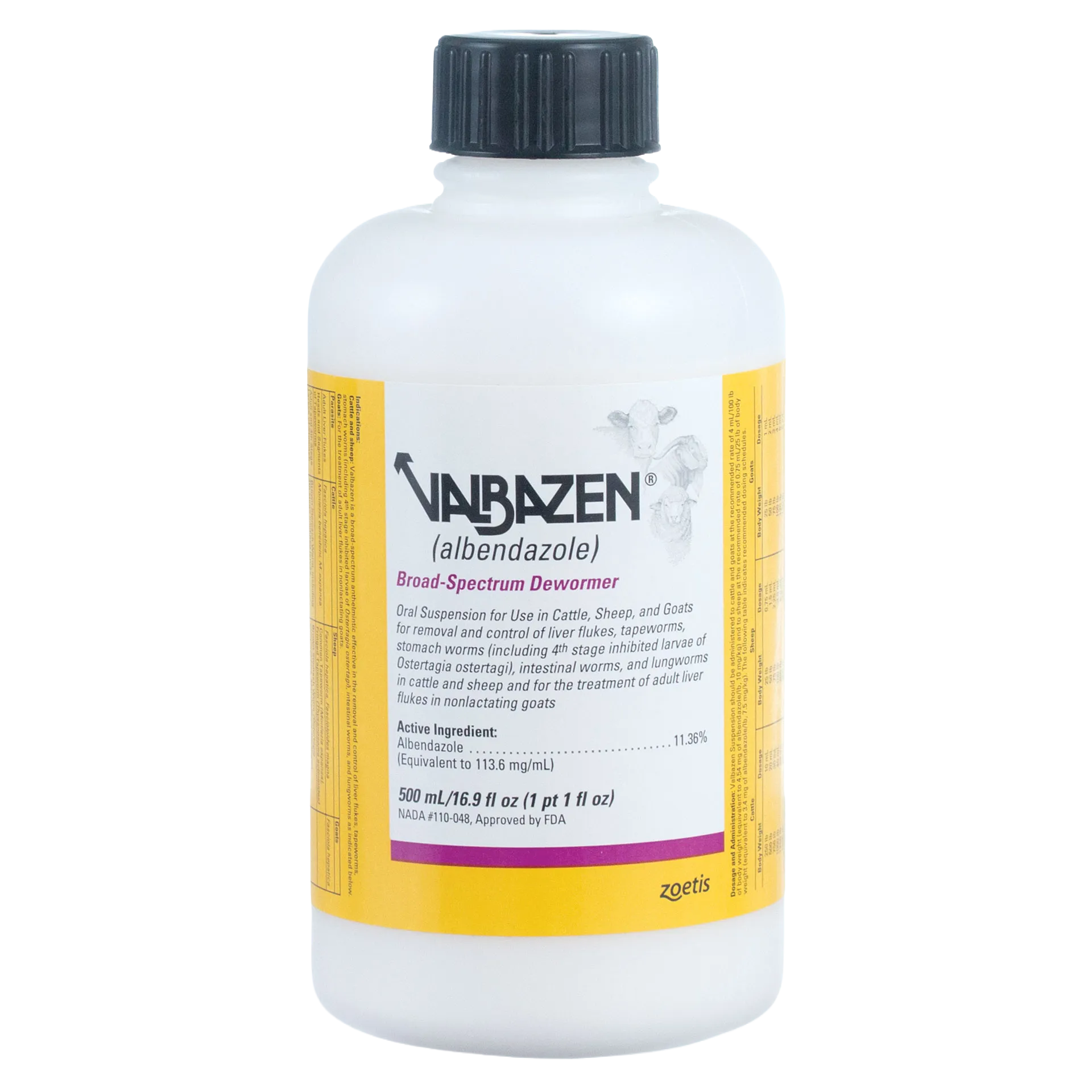 Valbazen® for Goats, Sheep, & Cattle,"White bottle with black cap and yellow wraparound label"