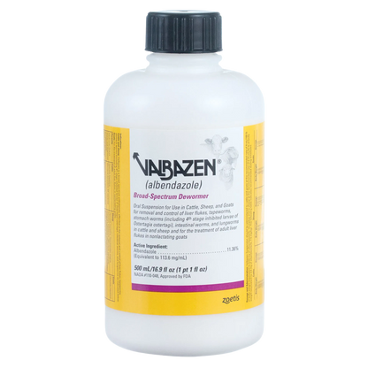 Valbazen® for Goats, Sheep, & Cattle,"White bottle with black cap and yellow wraparound label"