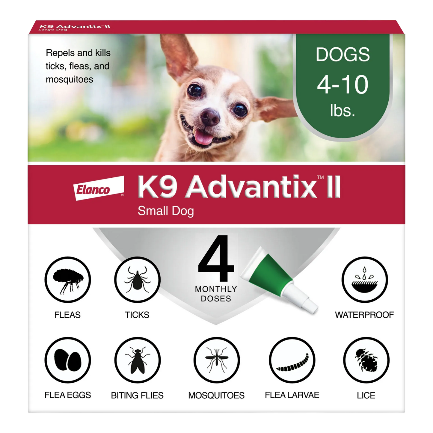 K9 Advantix™ II,"Front of box with small dog photo and applicator tube"