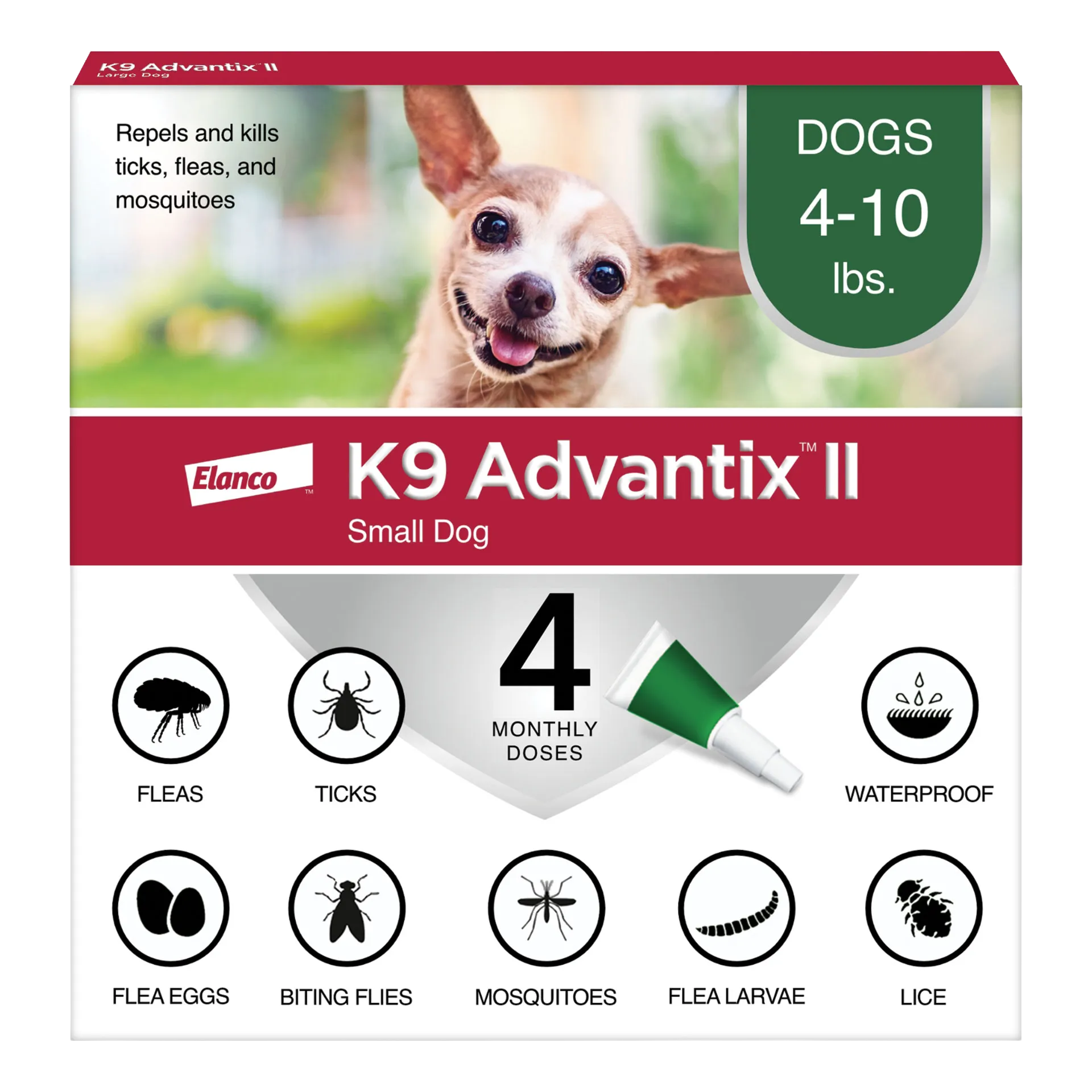 K9 Advantix™ II,"Front of box with small dog photo and applicator tube"