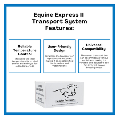 Equine Express II Cooled Semen & Embryo Universal Transport System,"Product box with horse graphic and feature panels"