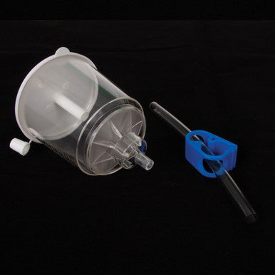 High Flow Filter,"Clear cylindrical filter with white lid and blue clip accessory"