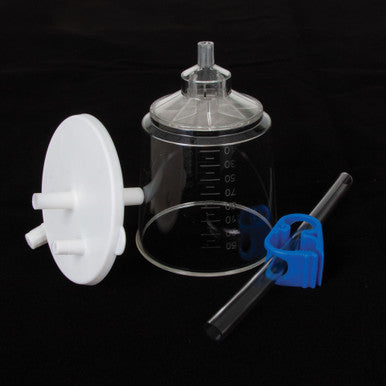 High Flow Filter,"Clear cylindrical filter chamber with white cap and blue clamp"