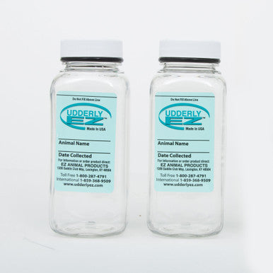 Udderly EZ Horse Milker,"Two clear labeled collection bottles with white caps"