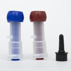 Udderly EZ Horse Milker,"Two plastic teat cup inserts with blue and red caps and a black rubber piece"