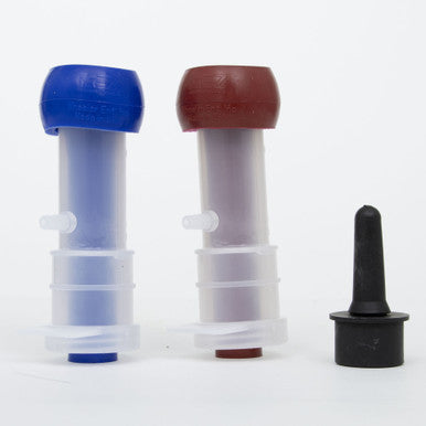 Udderly EZ Horse Milker,"Two plastic teat cup inserts with blue and red caps and a black rubber piece"