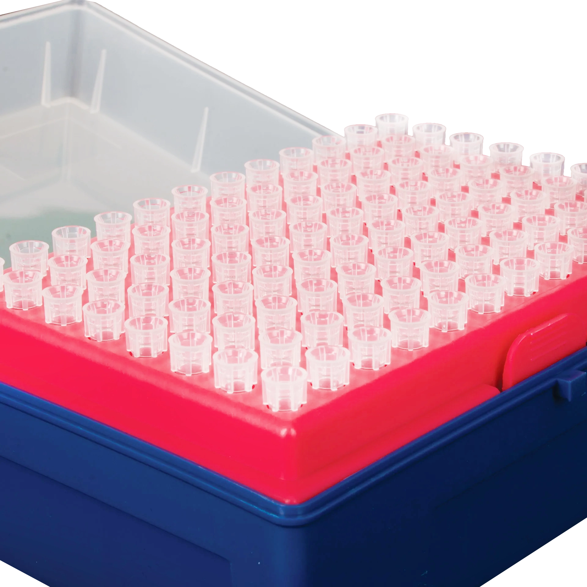 0.5-10ul Micropipettor tips,"Clear pipette tip rack with open hinged lid"