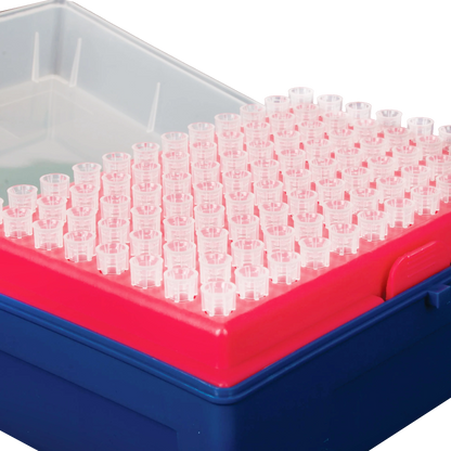 0.5-10ul Micropipettor tips,"Clear pipette tip rack with open hinged lid"