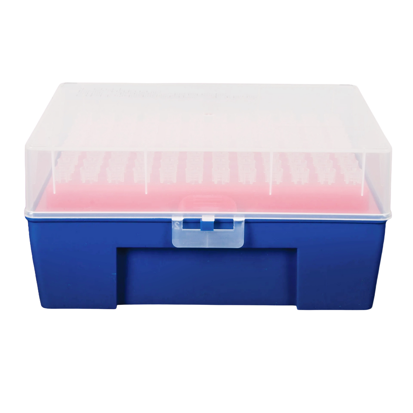 0.5-10ul Micropipettor tips,"Blue pipette tip rack with clear lid and pink insert"