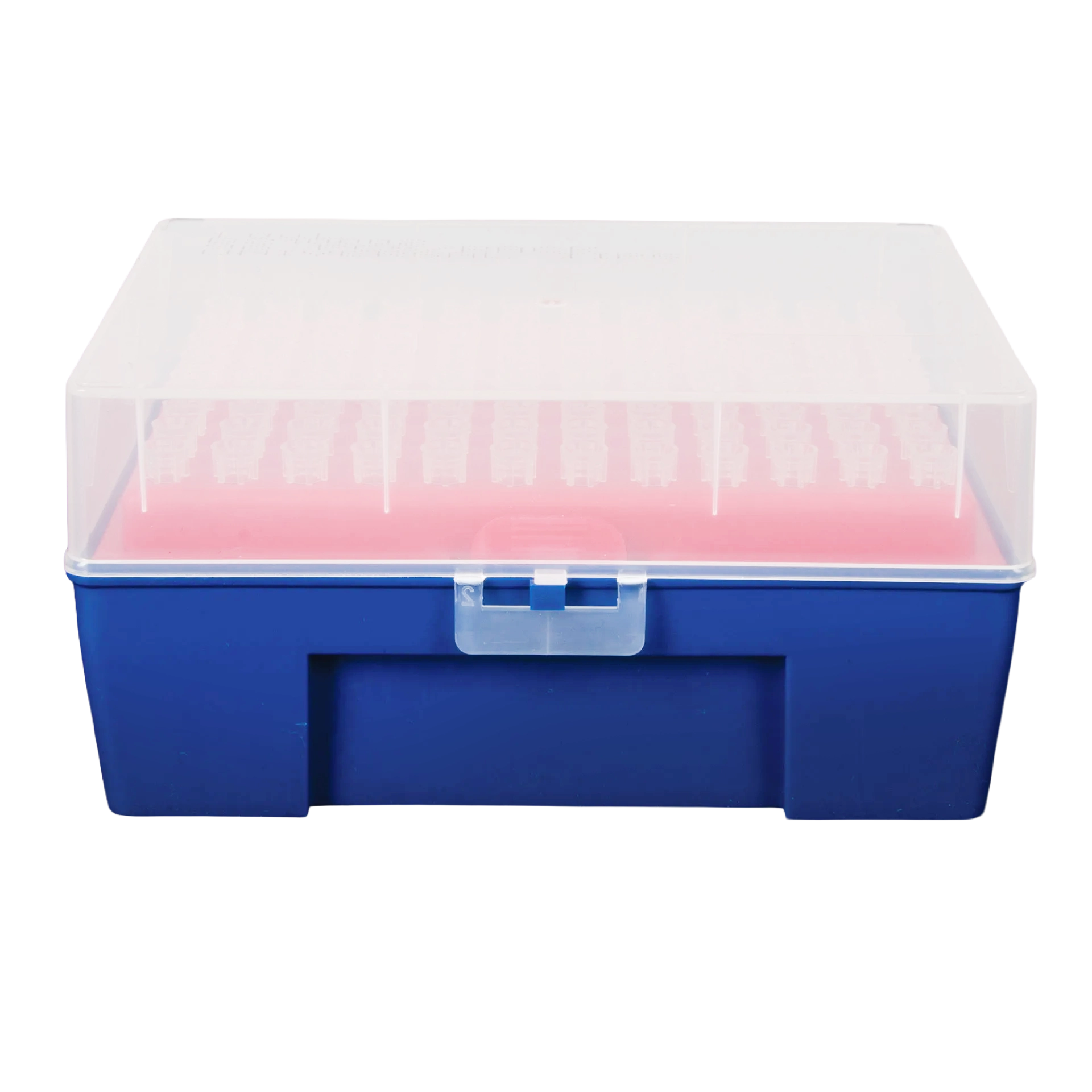0.5-10ul Micropipettor tips,"Blue pipette tip rack with clear lid and pink insert"