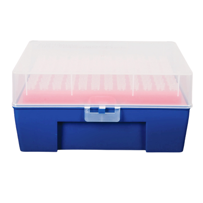 0.5-10ul Micropipettor tips,"Blue pipette tip rack with clear lid and pink insert"