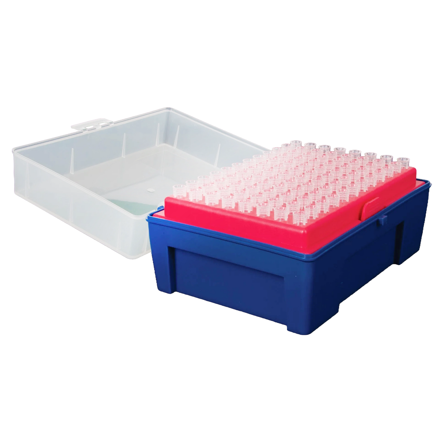 0.5-10ul Micropipettor tips,"Blue pipette tip rack with pink insert and open clear lid"