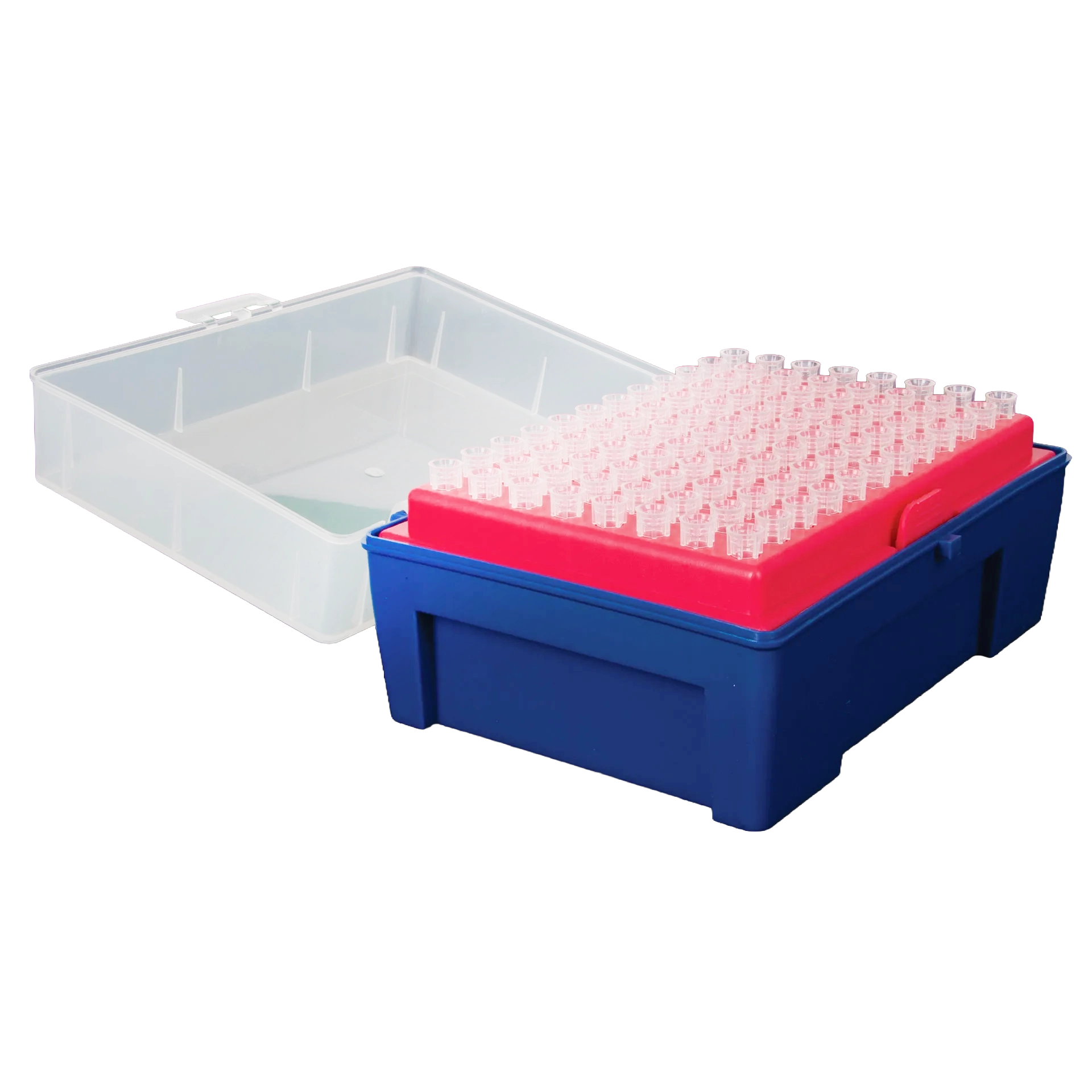 0.5-10ul Micropipettor tips,"Blue pipette tip rack with pink insert and open clear lid"