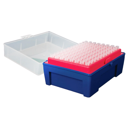 0.5-10ul Micropipettor tips,"Blue pipette tip rack with pink insert and open clear lid"