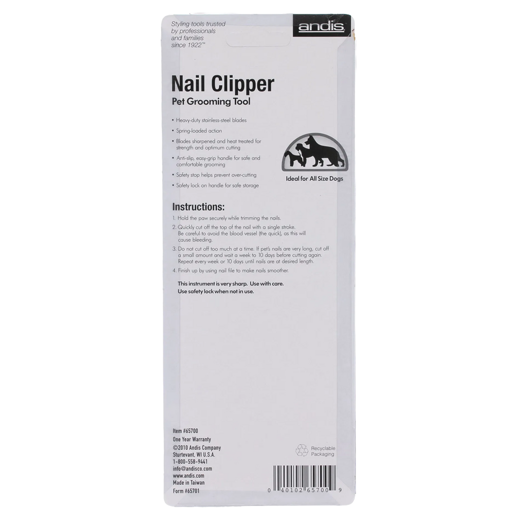 Andis® Nail Clipper,"Back of blister packaging with instructions and barcode"