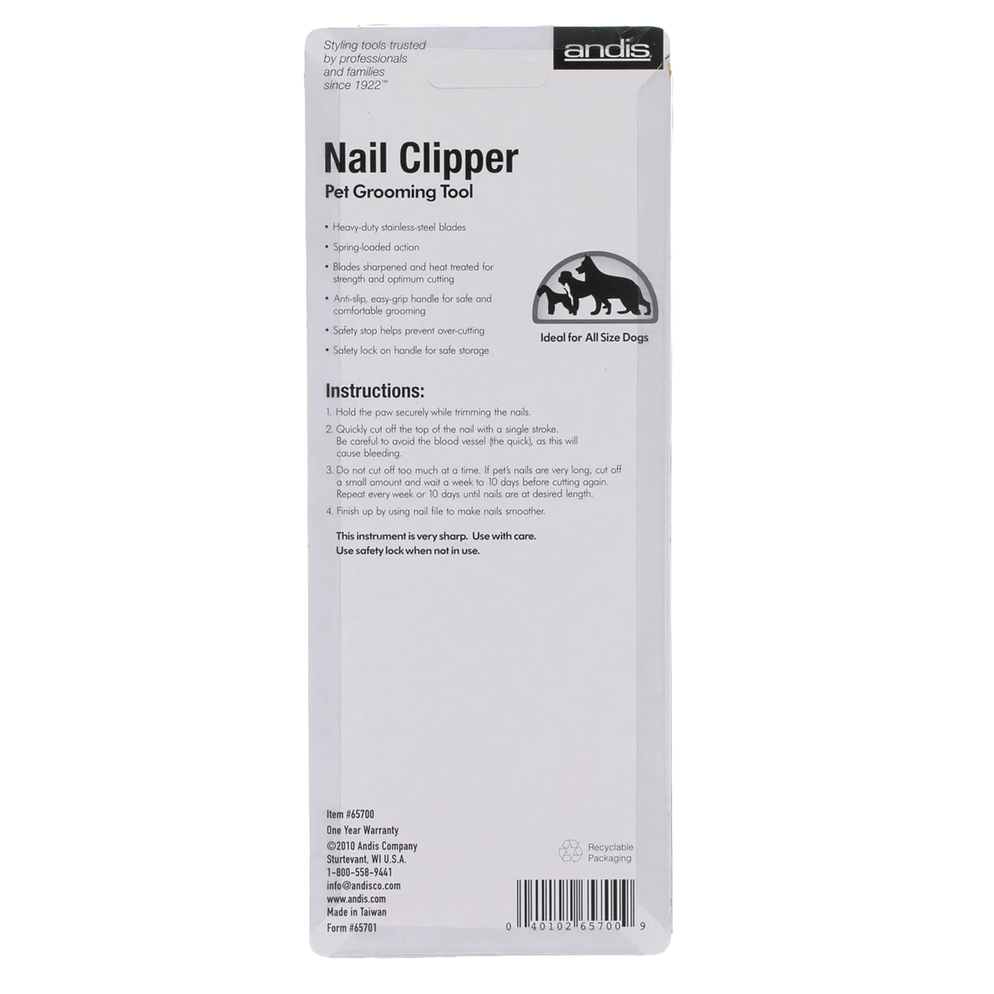Andis® Nail Clipper,"Back of blister packaging with instructions and barcode"